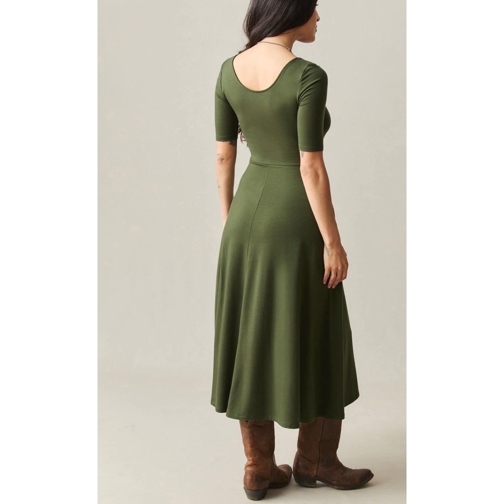 American Giant Olive Green Flex Fit & Flare Midi Dress Womens Size M USA Made - Picture 6 of 12